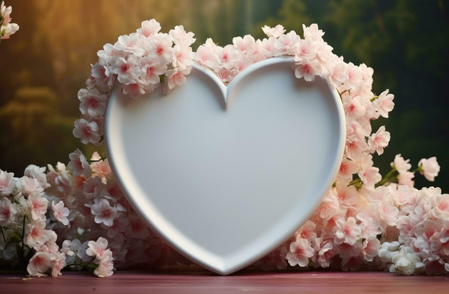 AI generated a big heart shaped white plate is near flowers photo