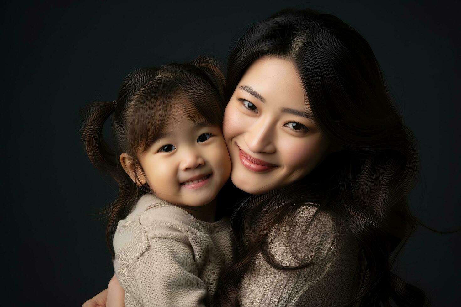 ai generado retrato de un hermosa asiático madre y hija en negro fondo, un alegre asiático niñito hija abrazando su contento madre aislado en gris, ai generado foto