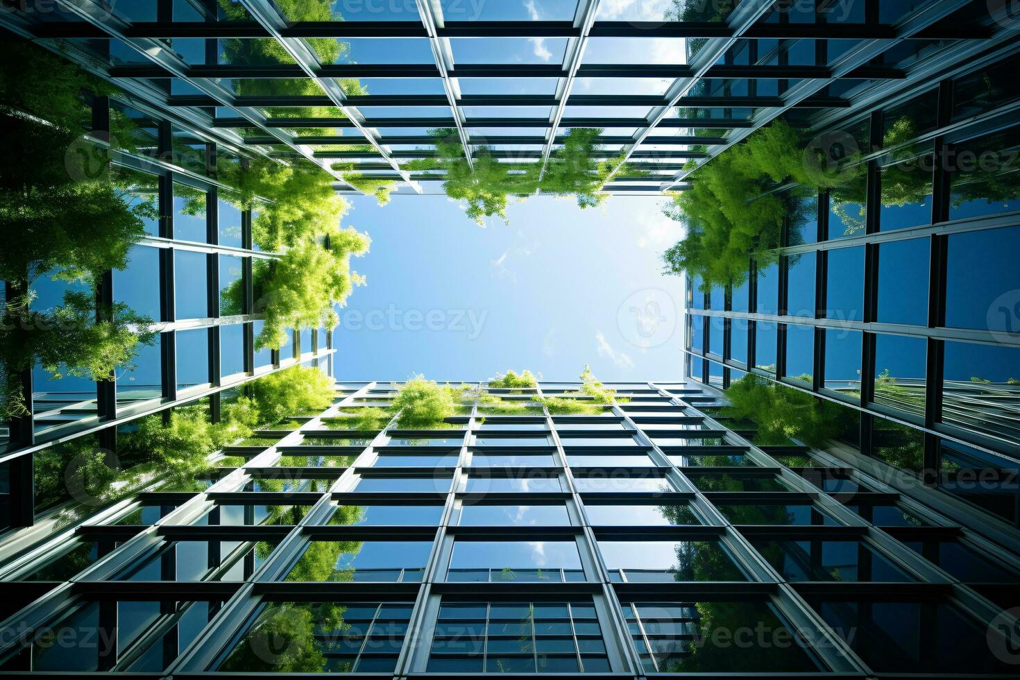 AI generated Eco-friendly building in the modern city. Sustainable glass office building with tree for reducing carbon dioxide. Office building with green environment. Corporate building reduce CO2. photo