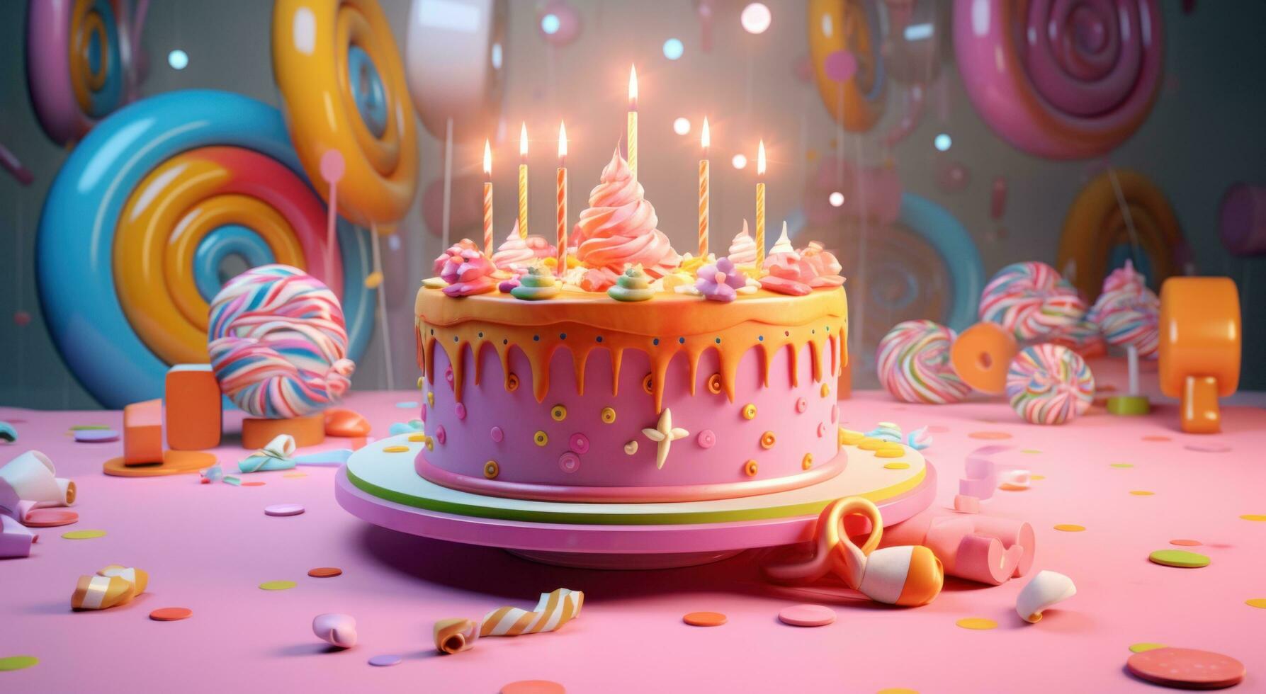 AI generated a birthday cake is displayed with lit candles on top photo