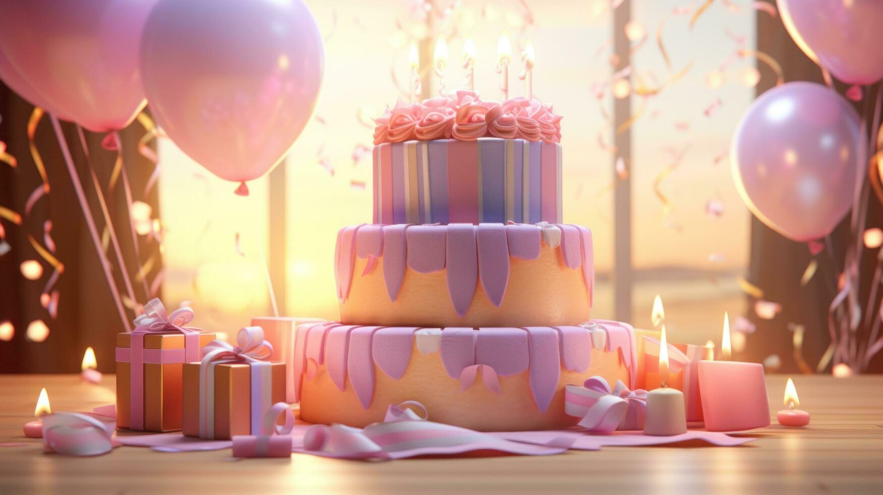 AI generated a birthday cake is displayed with lit candles on top photo
