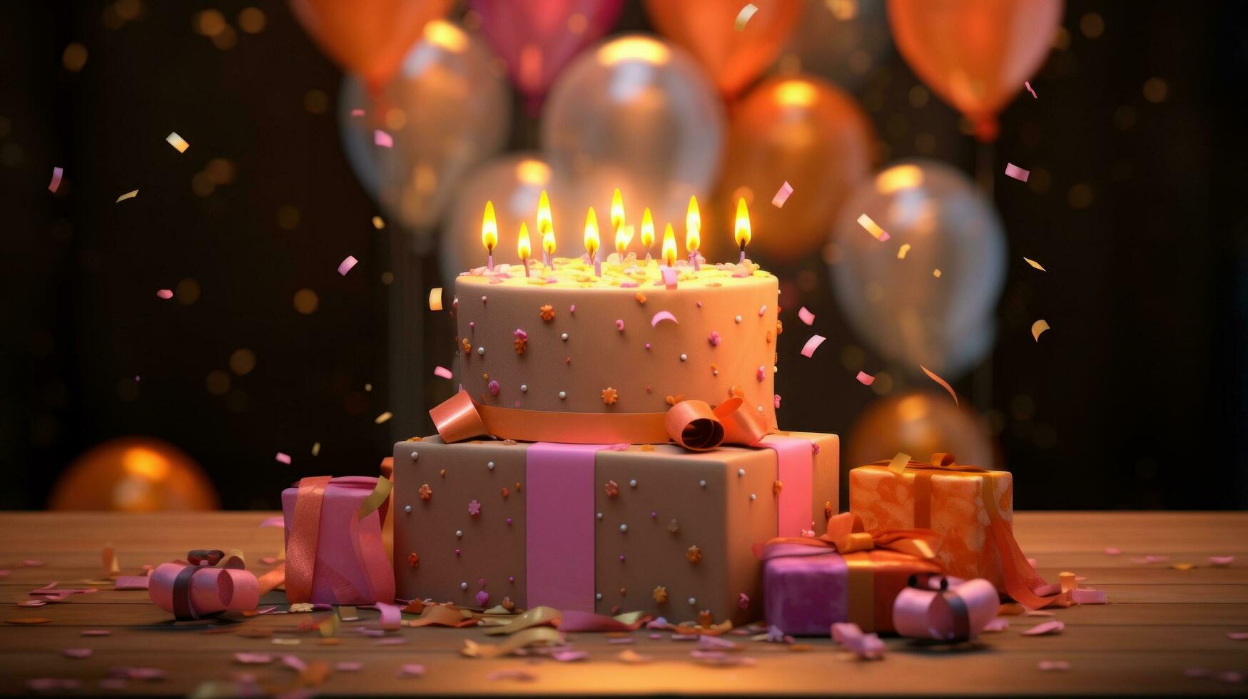 AI generated a birthday cake is displayed with lit candles on top photo