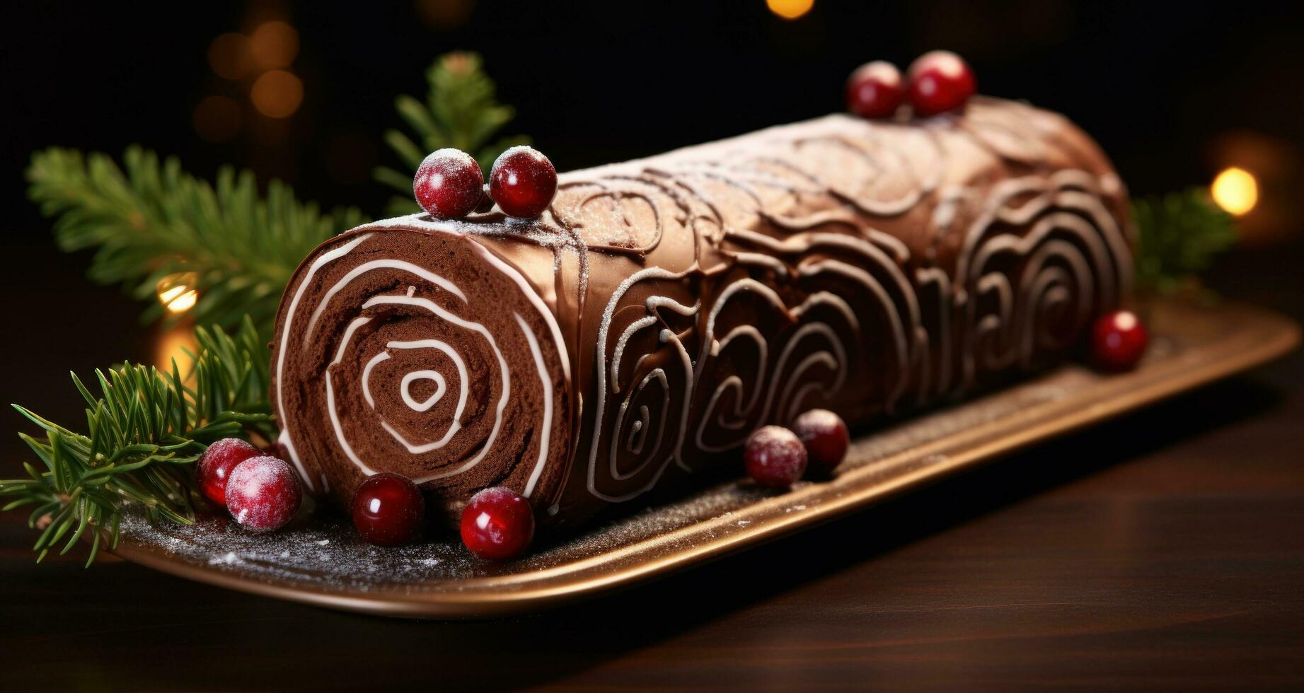 AI generated a chocolate roll with christmas trees and baubles photo