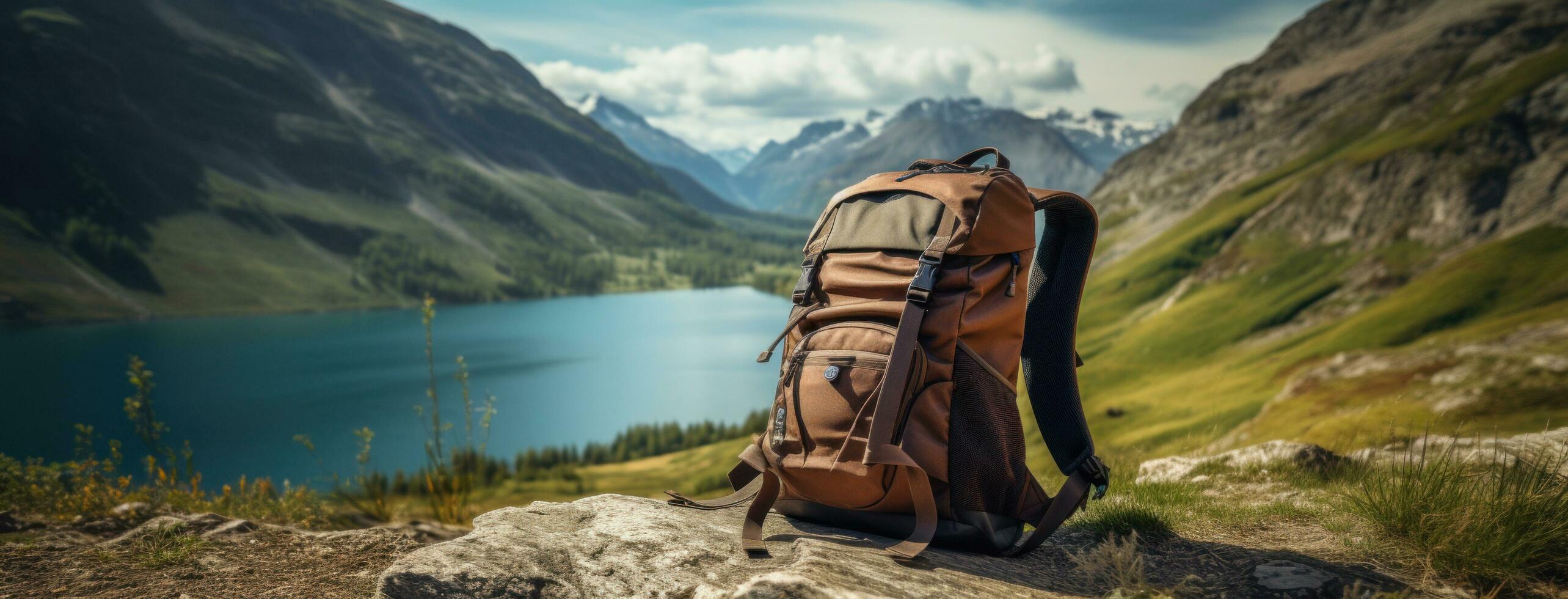 AI generated a backpack on a rocky ledge in front of a lake, photo