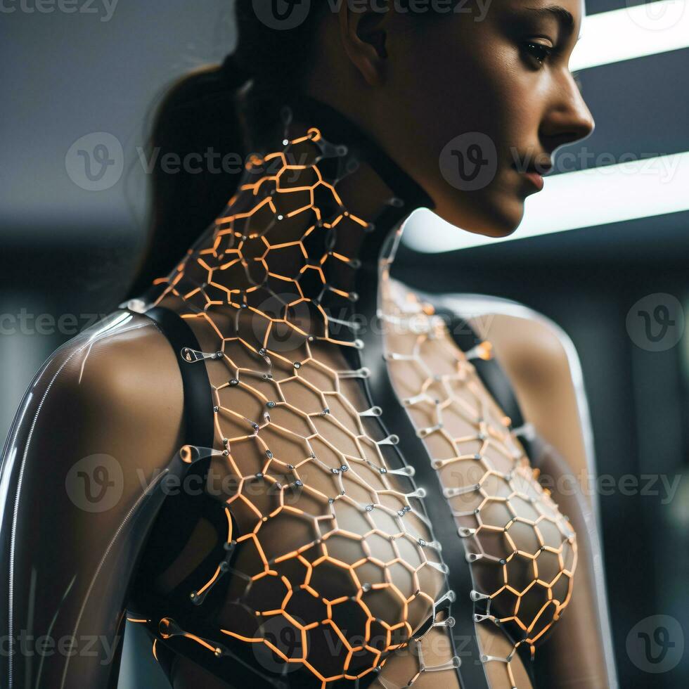 AI generated Sustainable fashion with flexible batteries and smart textiles. Flexible battery power in clothing industry. Wearable technology. Wearable innovation. A model wearing futuristic outfit. photo