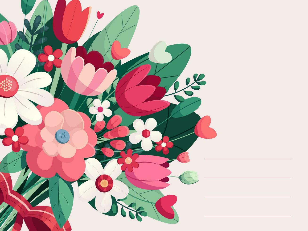 Grreeting card template. Postcard on pink background for girls, women with many flowers. With fields for text and wishes. Holiday, event, congratulation vector
