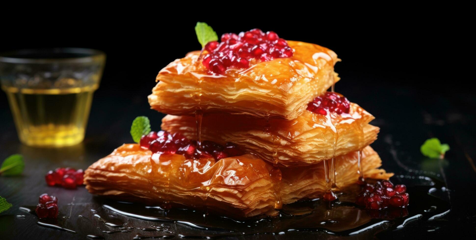 AI generated shot of pastries as well as pomegranate syrup over a black table photo