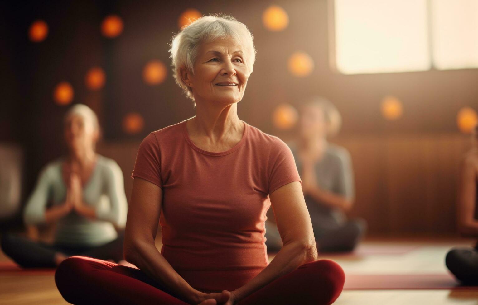 ai generado mayor yoga clase en el gimnasio para mujer foto