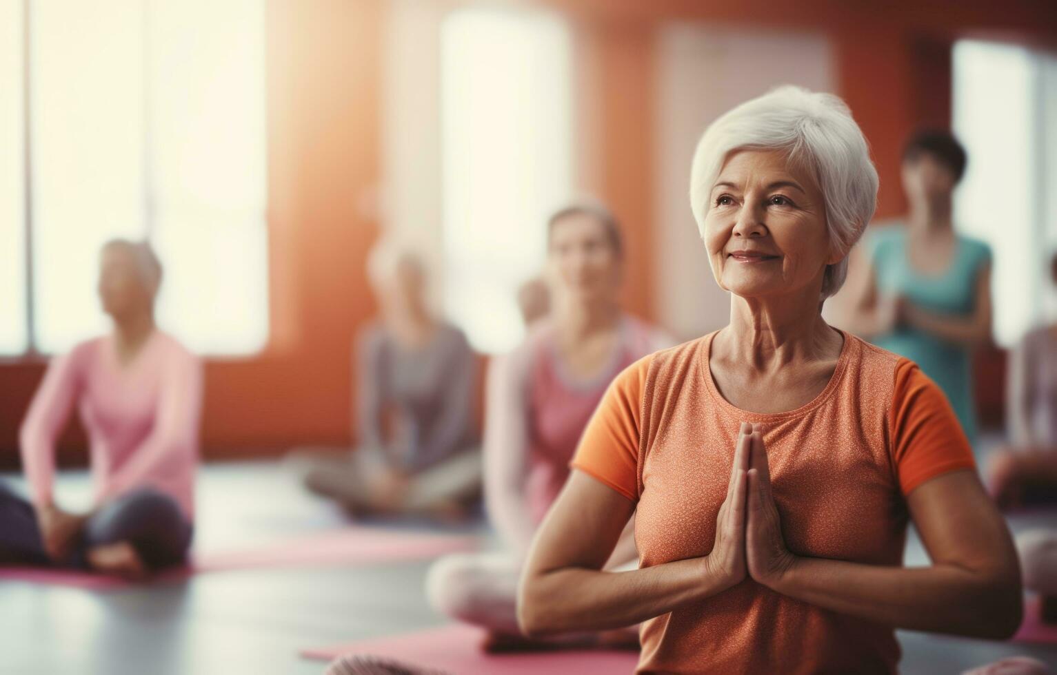 ai generado mayor yoga clase en el gimnasio para mujer foto