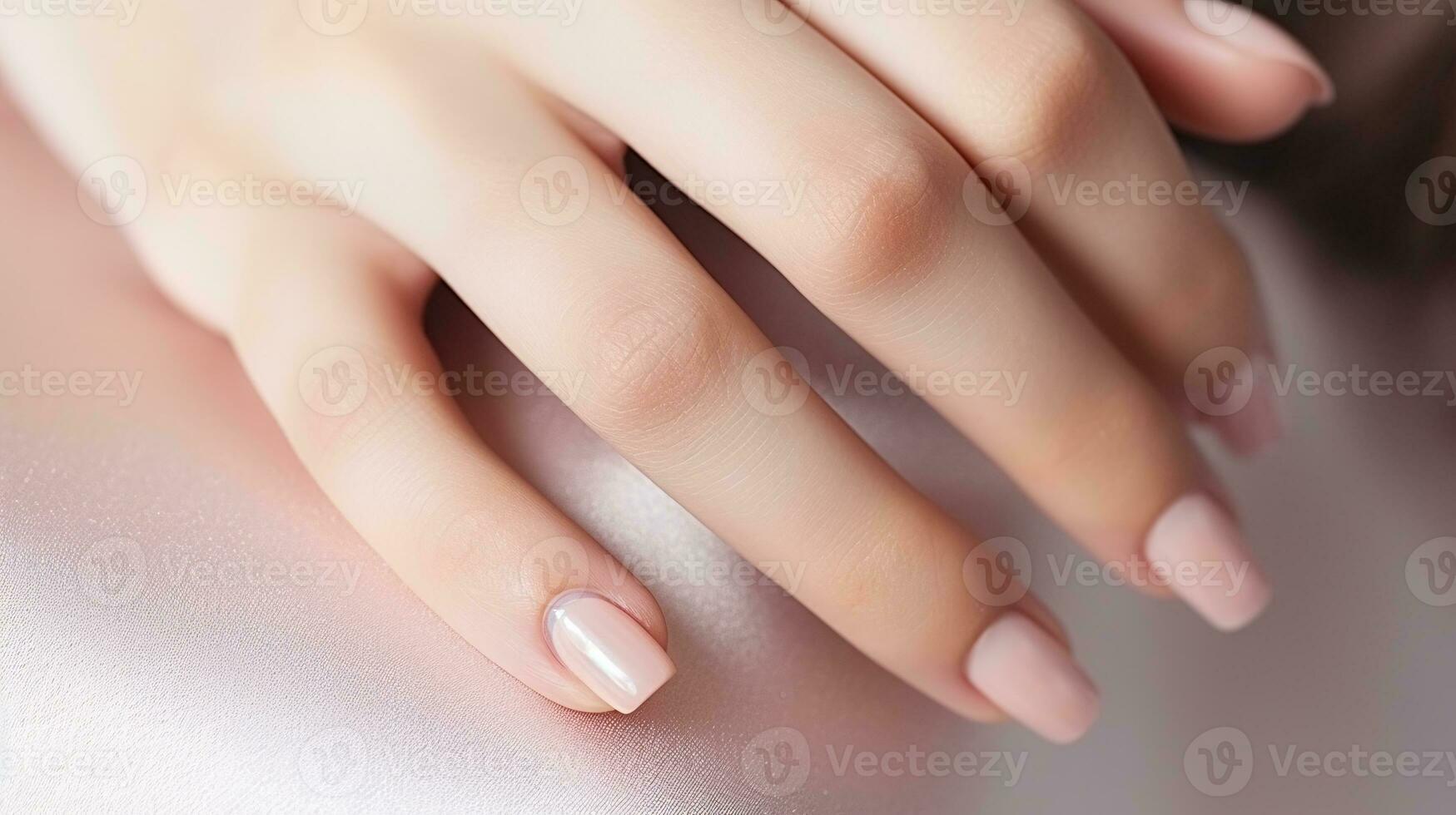 ai generado mujer mano con desnudo sombras uña polaco en su uñas desnudo color uña manicura con gel polaco a lujo belleza salón. uña Arte y diseño. hembra mano modelo. francés manicura. foto