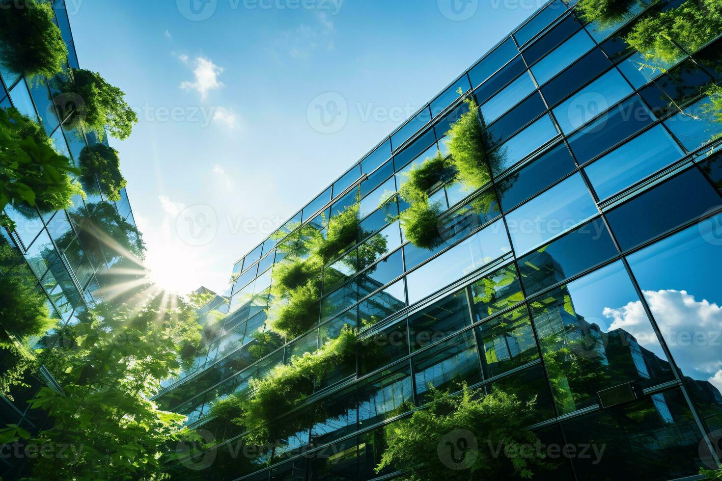 AI generated Eco-friendly building in the modern city. Sustainable glass office building with tree for reducing carbon dioxide. Office building with green environment. Corporate building reduce CO2. photo