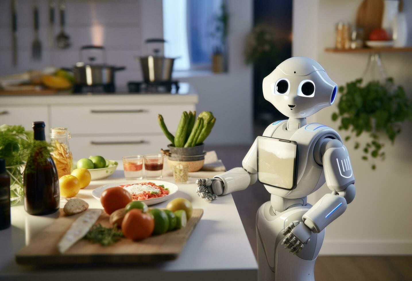 AI generated robert robot standing in the kitchen photo