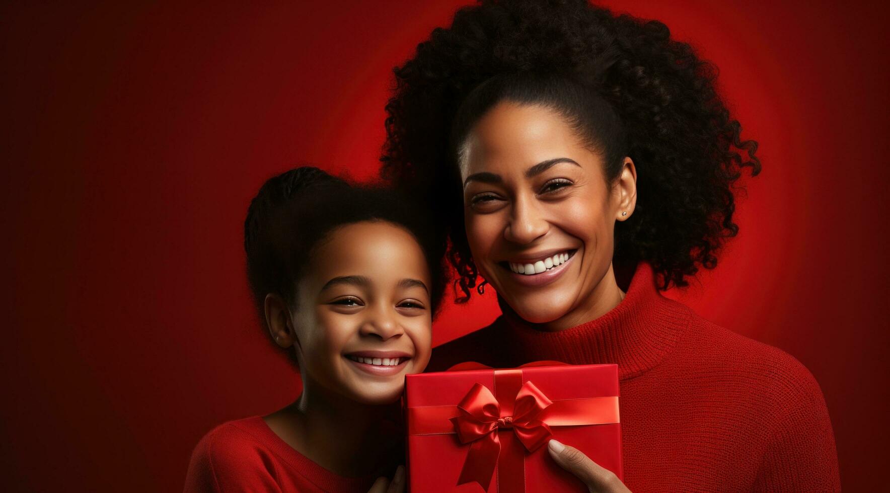 AI generated a woman holding a red gift box in front of a family member, photo