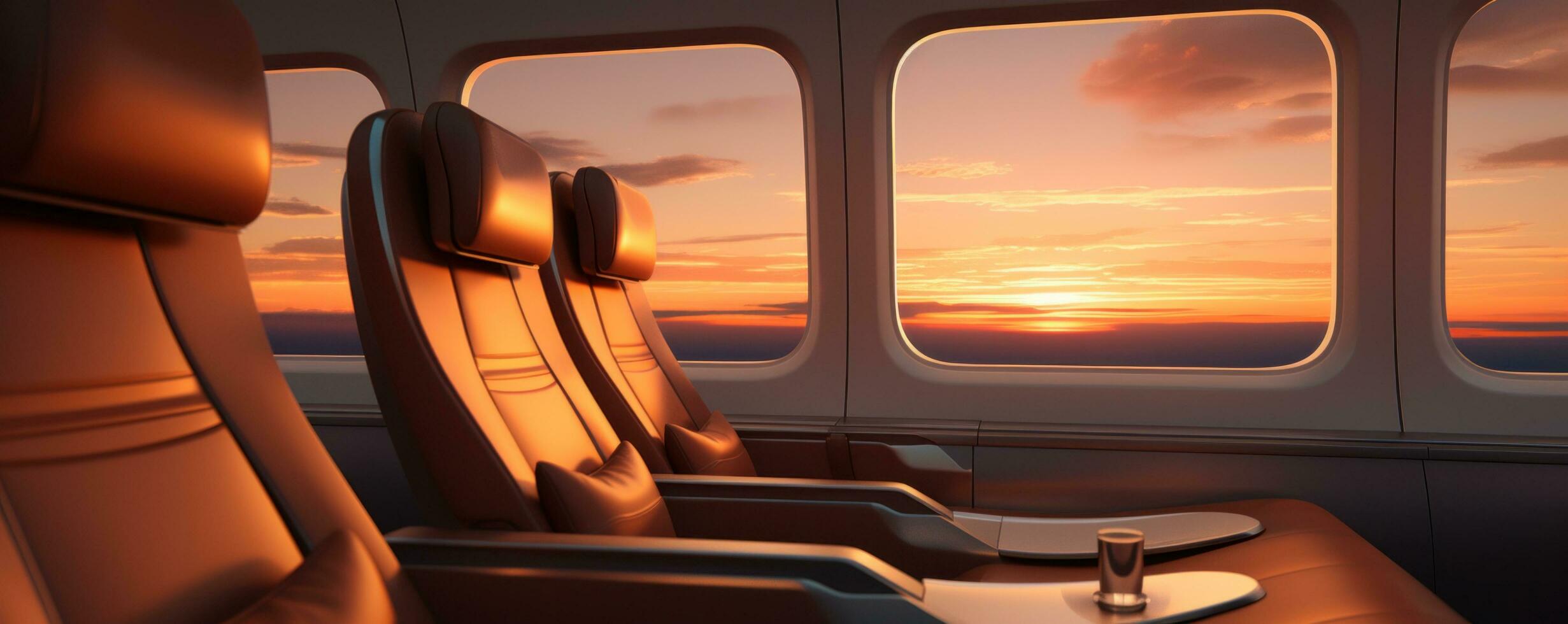 AI generated an airplane seat with windows at sunset photo