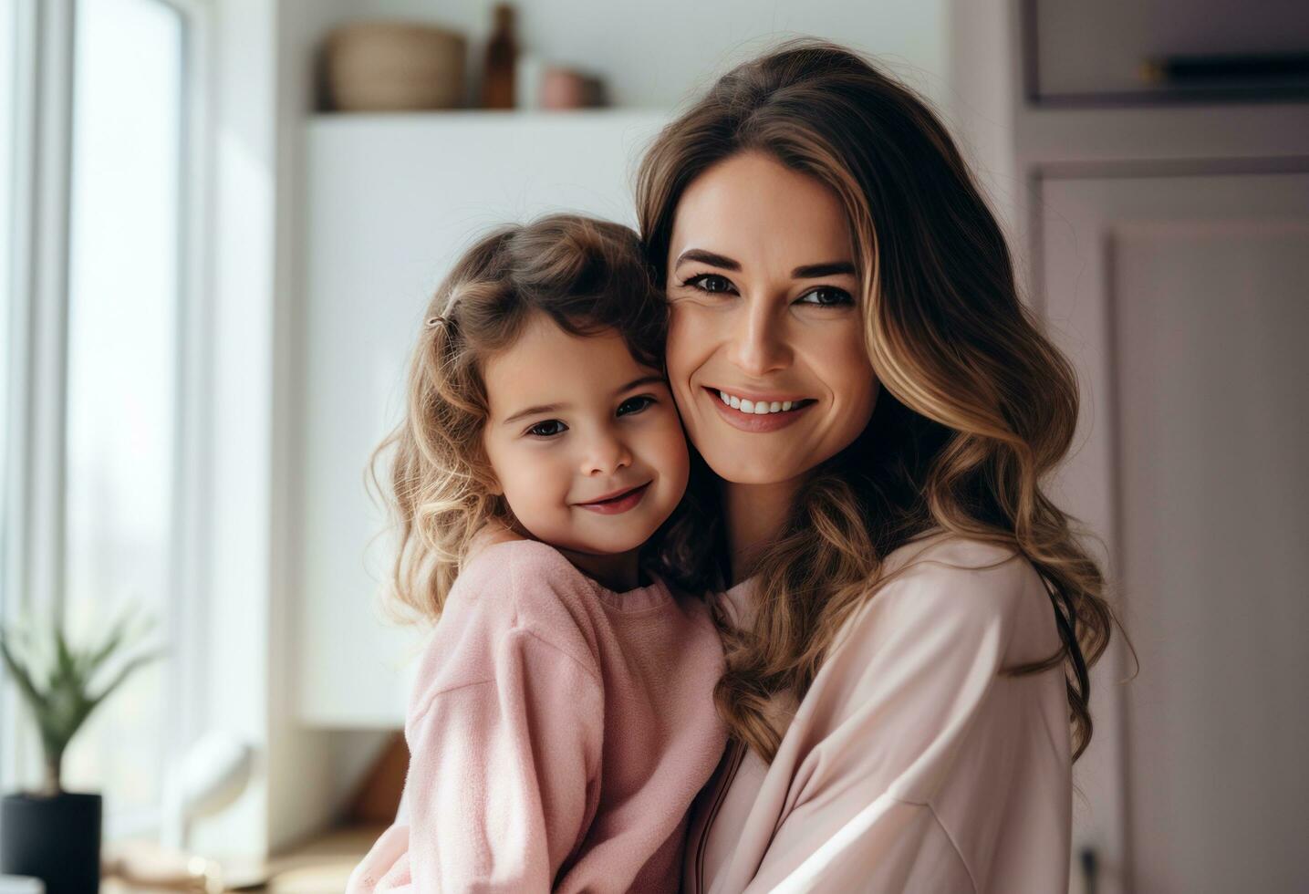 AI generated a woman holding her daughter on her shoulders in a kitchen photo