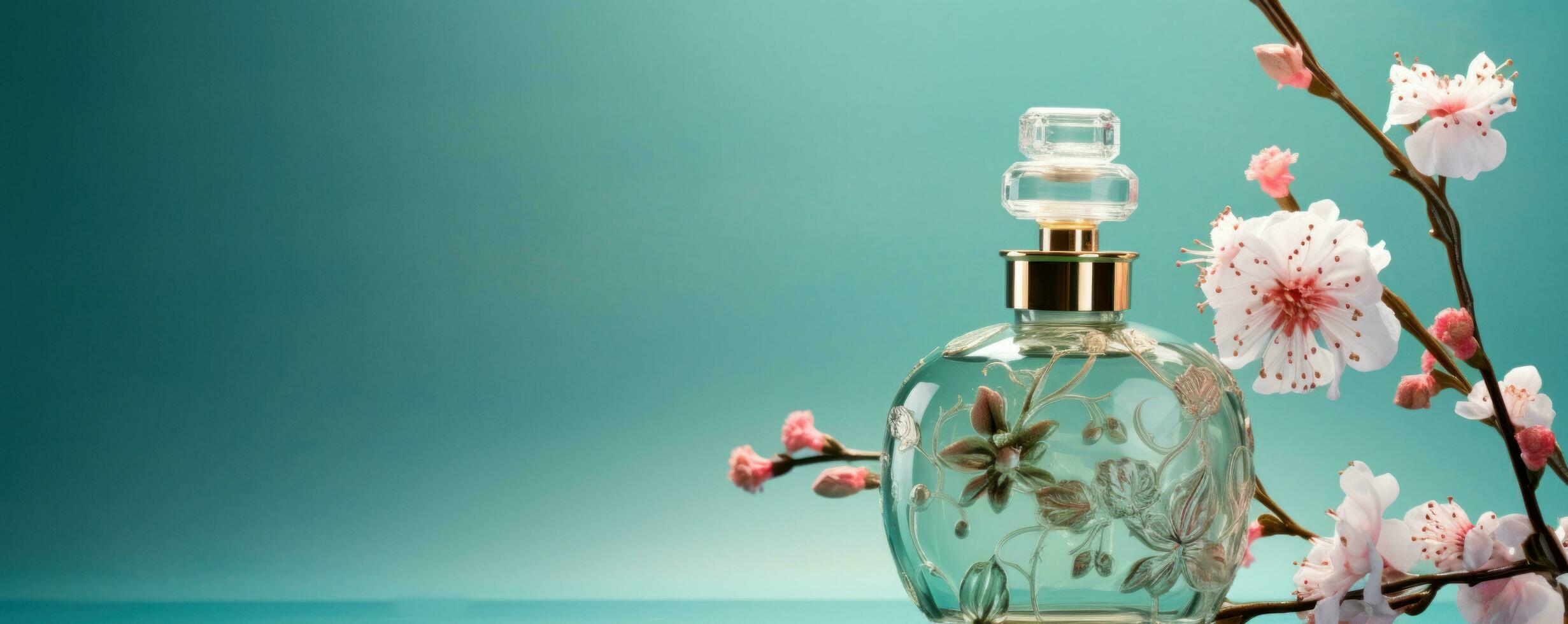 AI generated an asian perfume bottle on a blue background photo