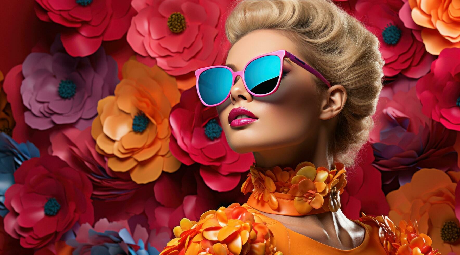 AI generated a young woman wearing sunglasses on top of flowers photo