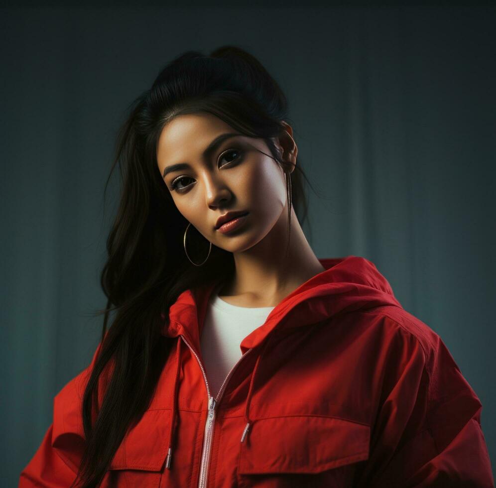 AI generated an asian woman in a red jacket is posing for a photo