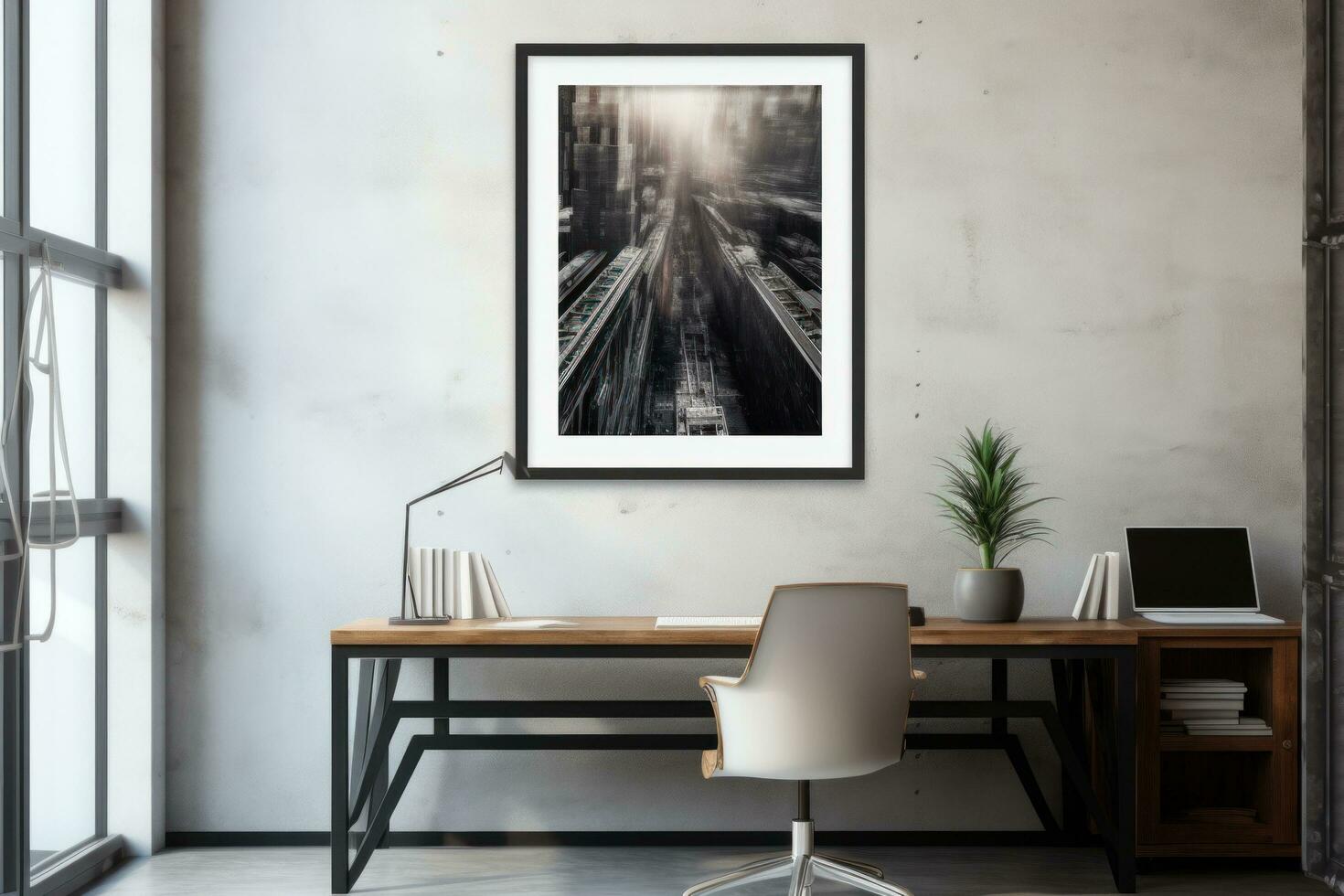 AI generated white photo framed on metal wall in empty office