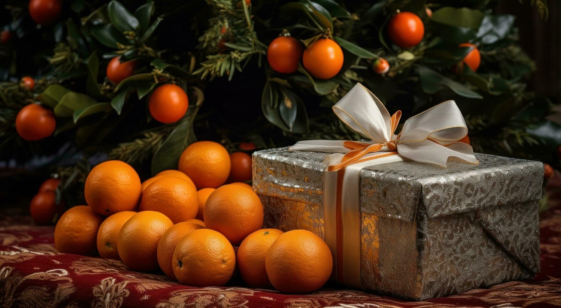 AI generated tinsel trees, presents, a few oranges photo