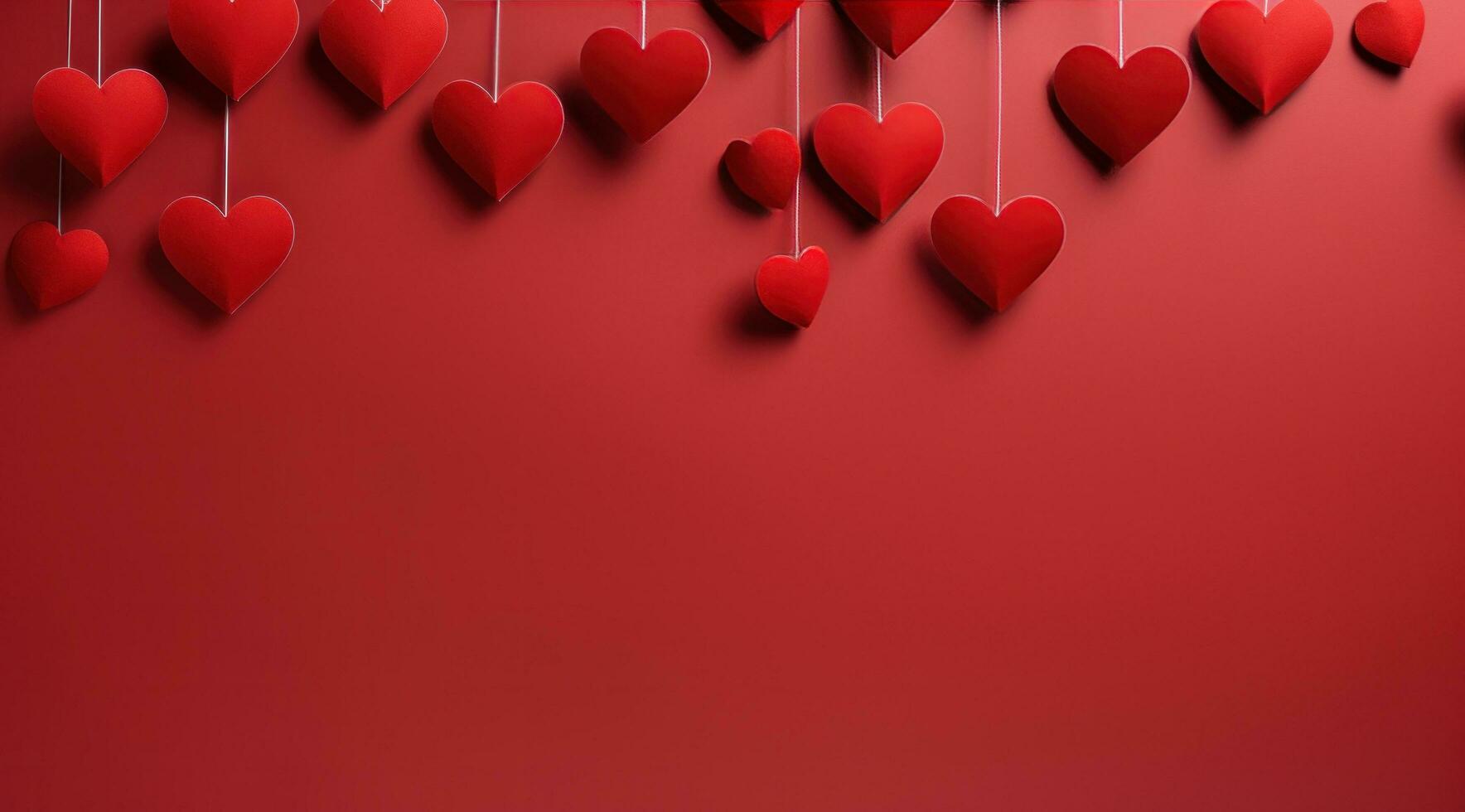 AI generated cut paper heart shapes hanging on a red background photo