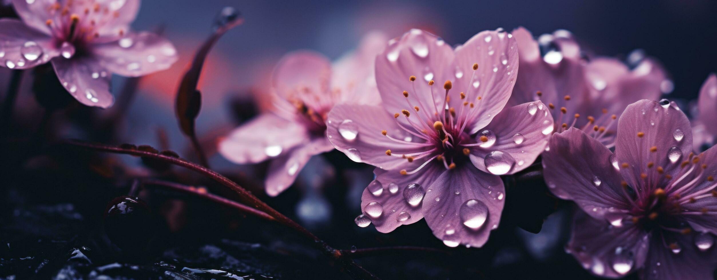AI generated a close up of purple flowers with rain drops in the background photo