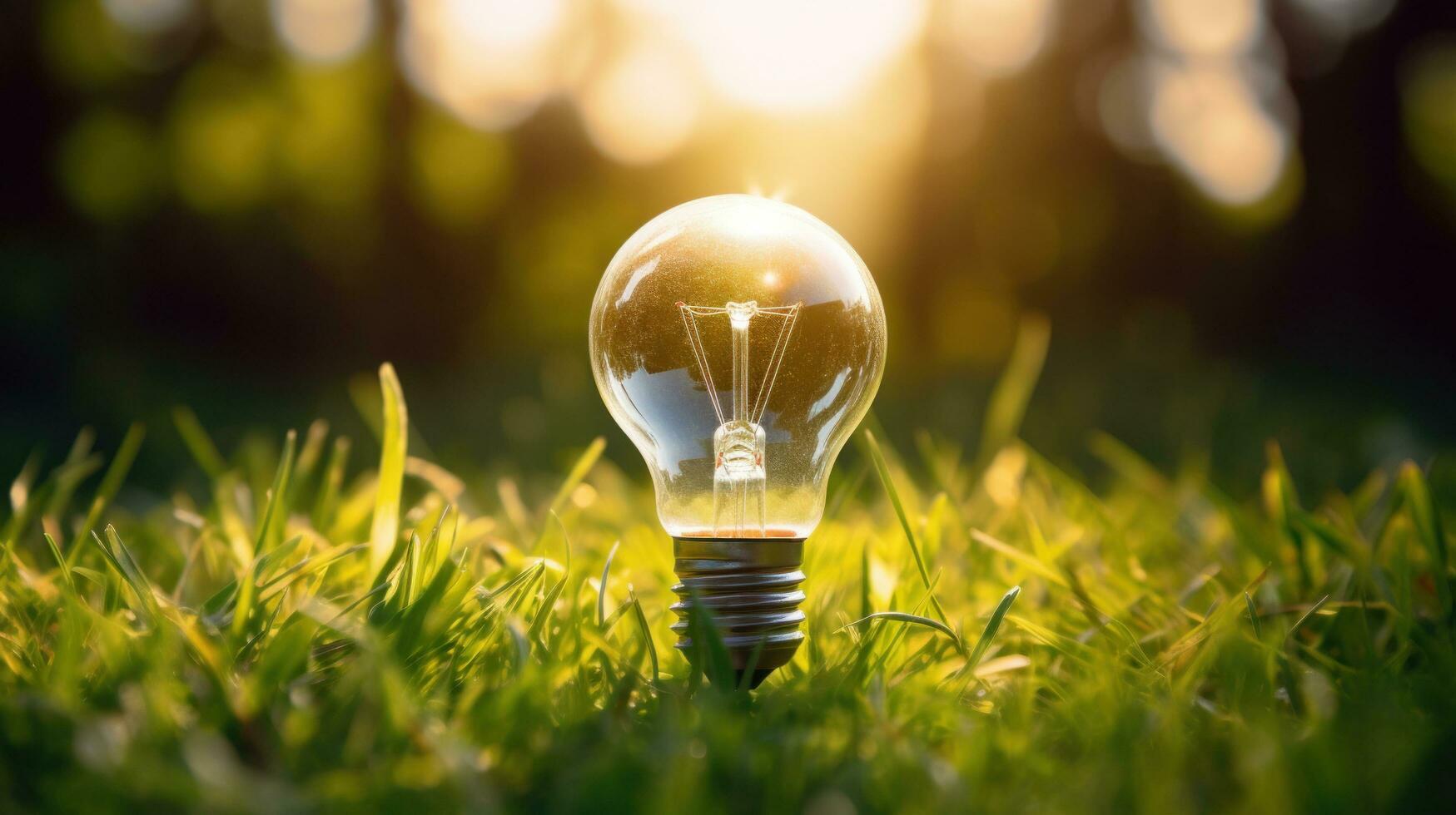 AI generated a light bulb in the grass with sunlight in the background photo