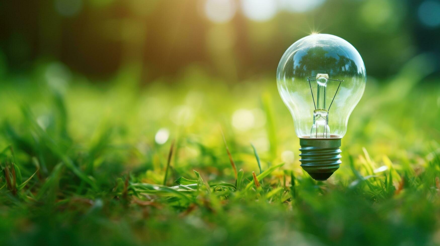 AI generated a light bulb in the grass with sunlight in the background photo