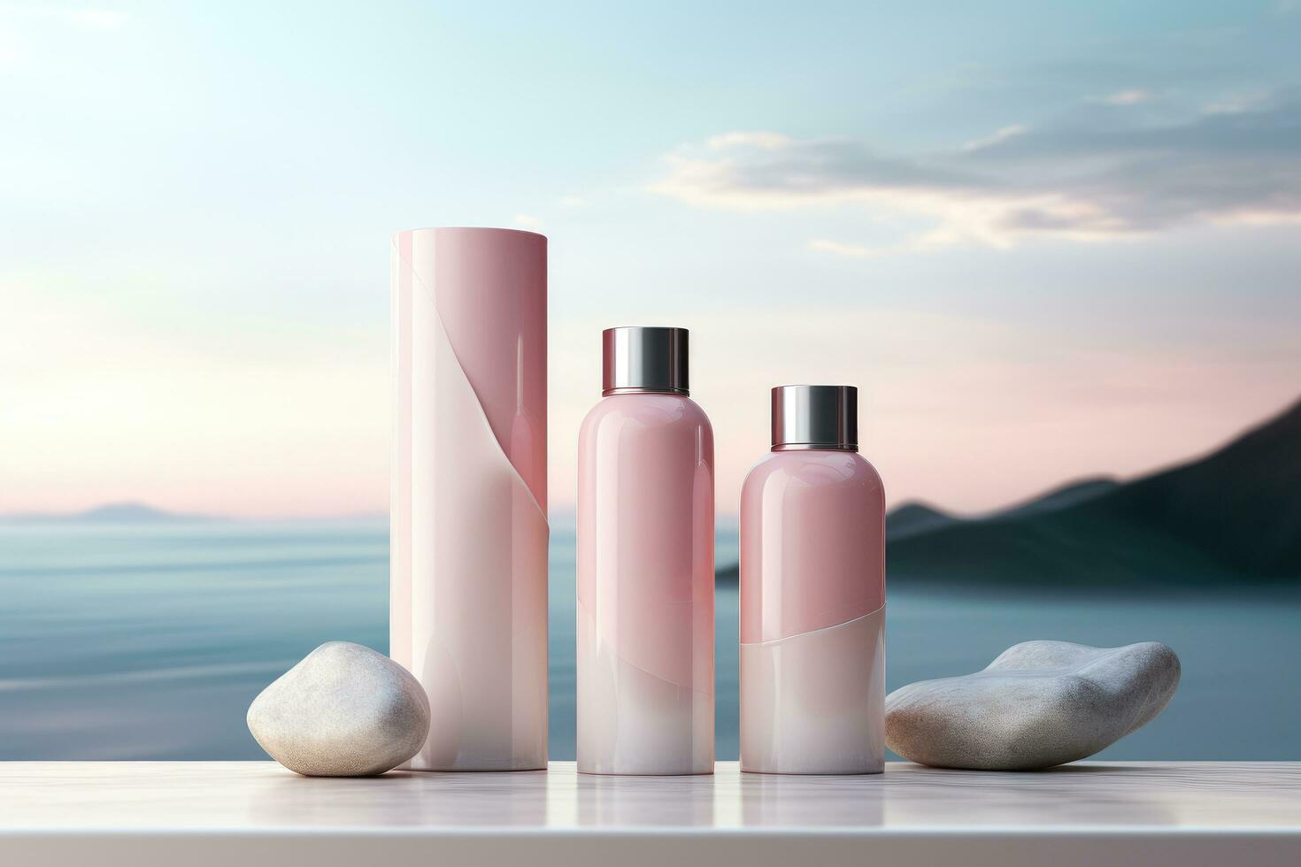 AI generated three soft pink bottles of cleansers and lotion are on a white background photo