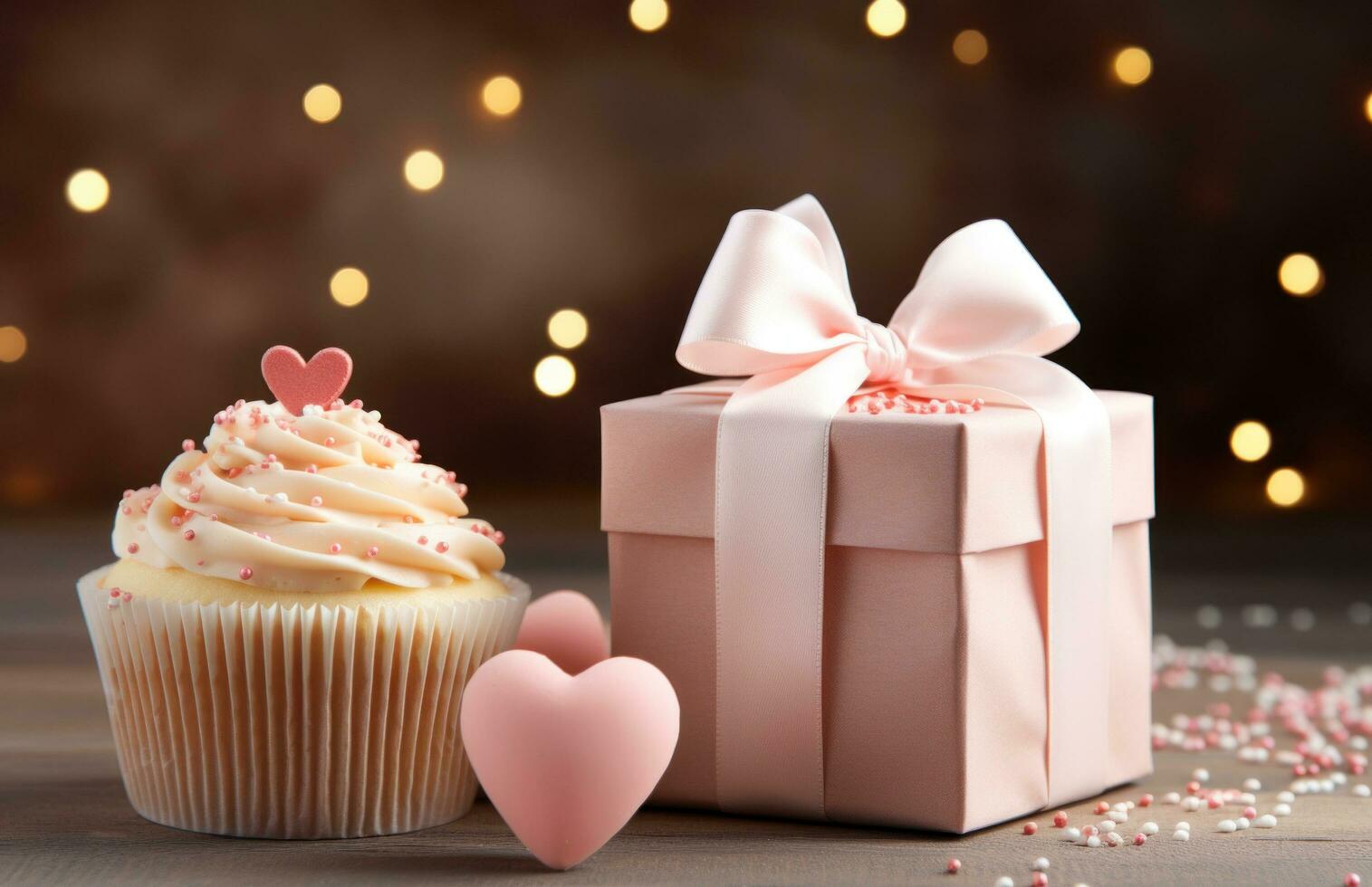AI generated a cupcake is placed beside a gift box photo