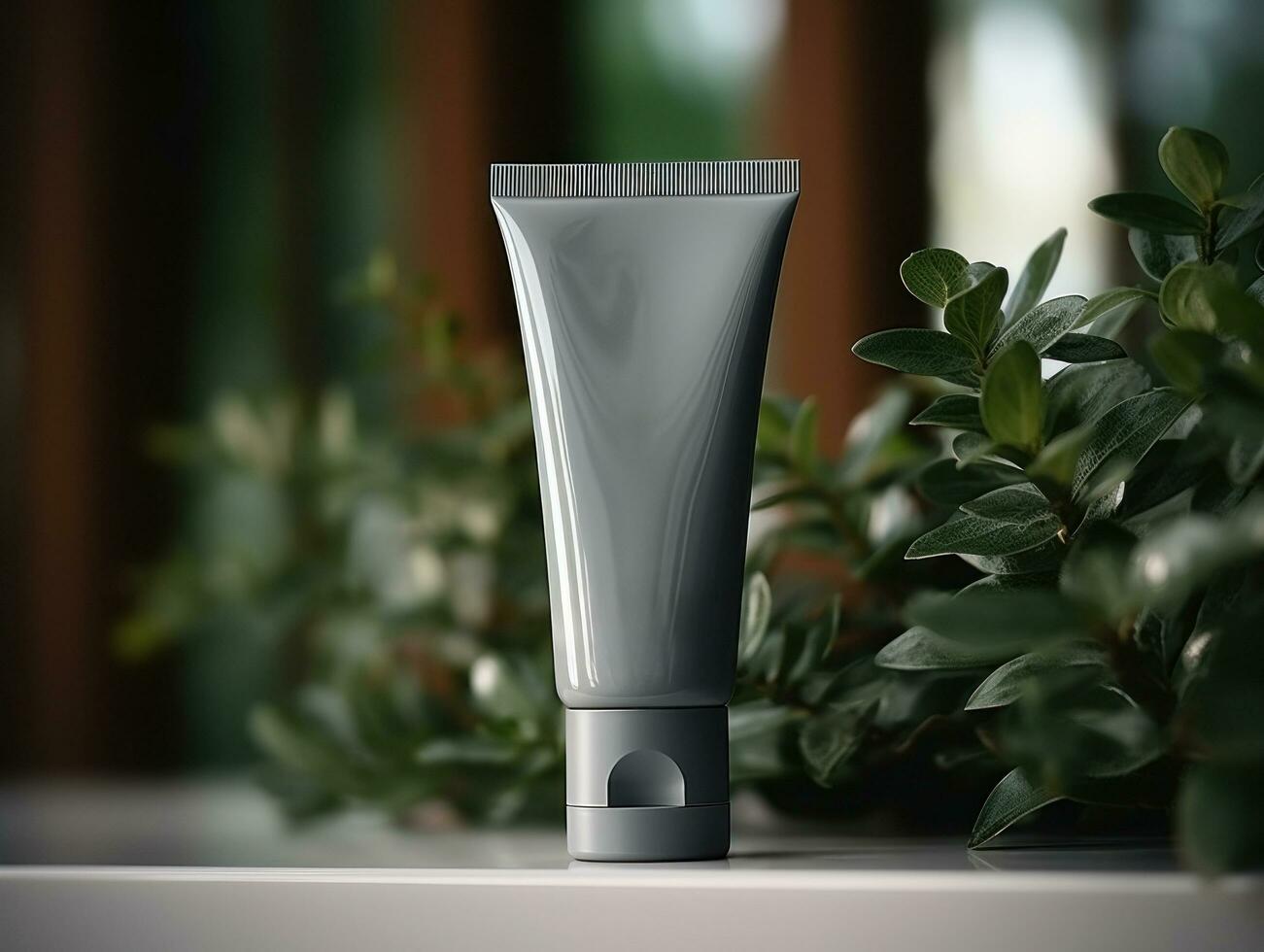 AI generated a face cream tube standing on top of a plant photo