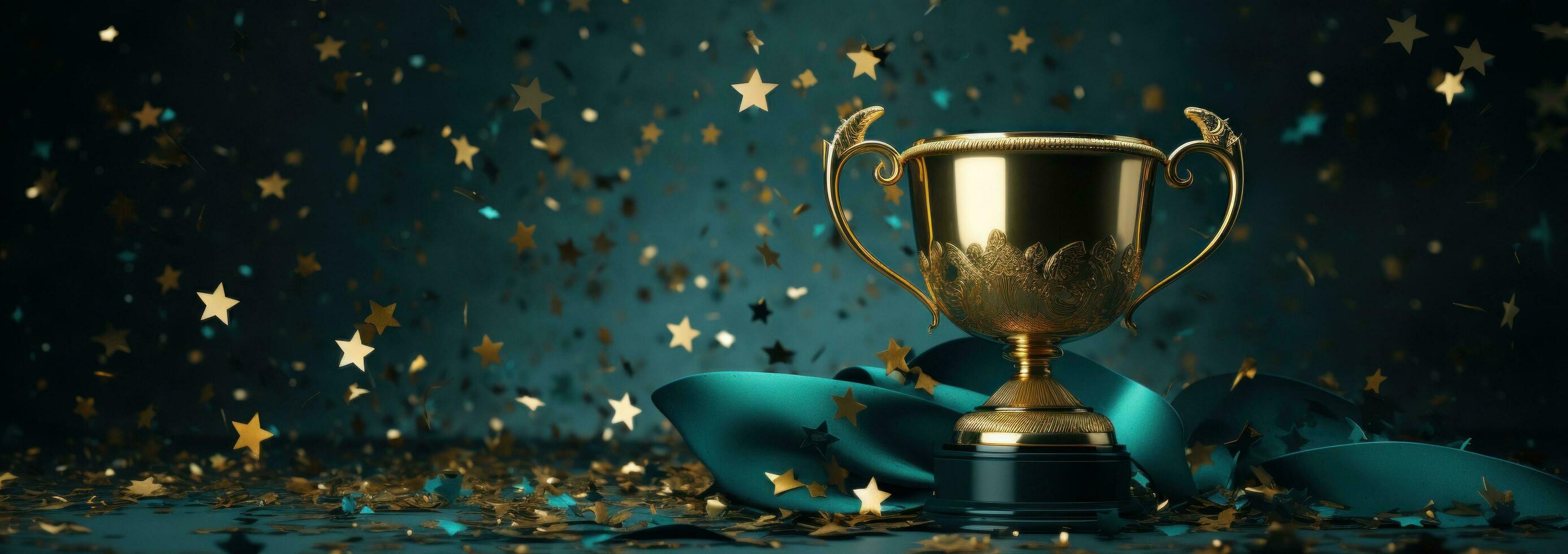 AI generated a golden trophy on a dark background with confetti photo