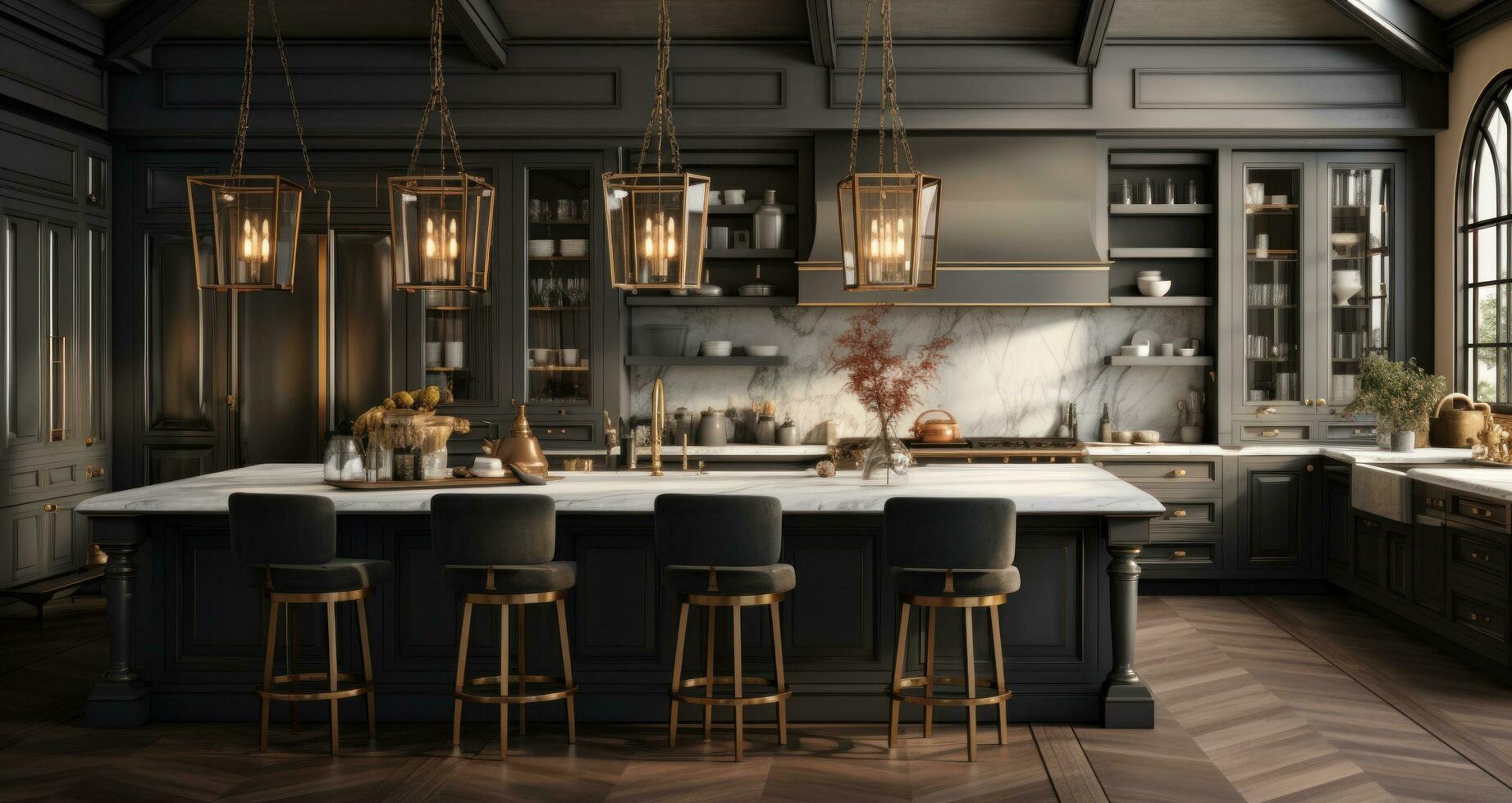 AI generated a large kitchen with a marble island and gold pendant lights photo