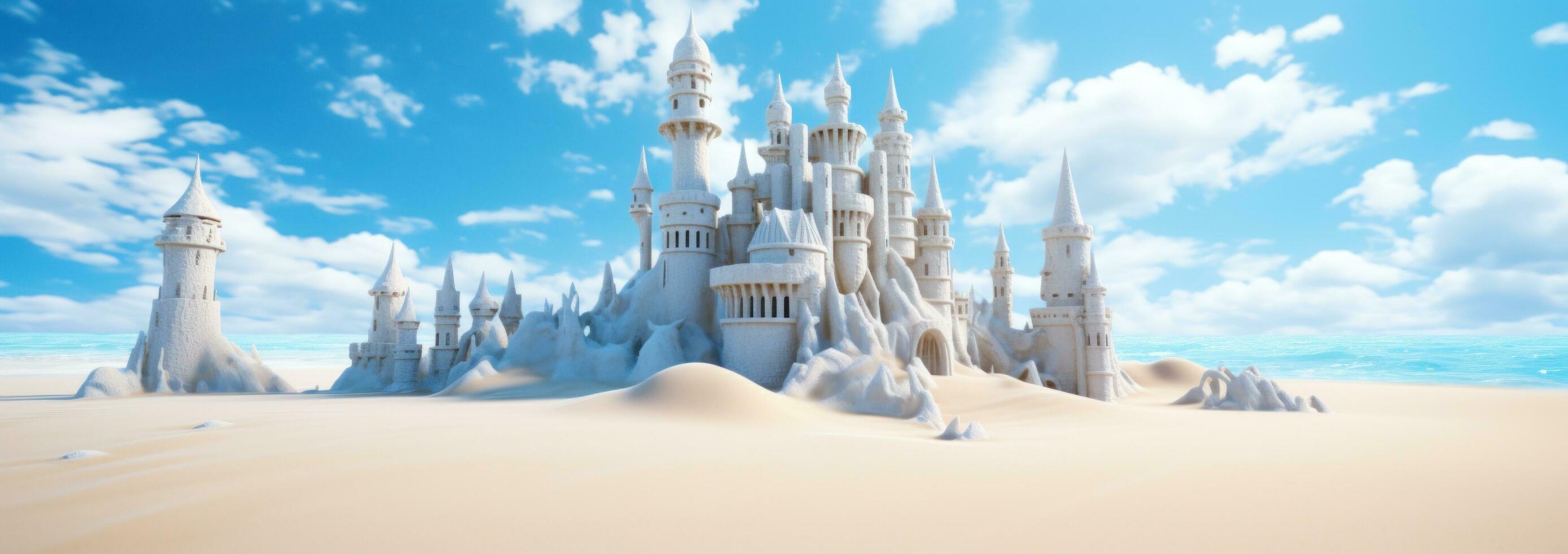 AI generated a sand castle on a beach with blue sky photo