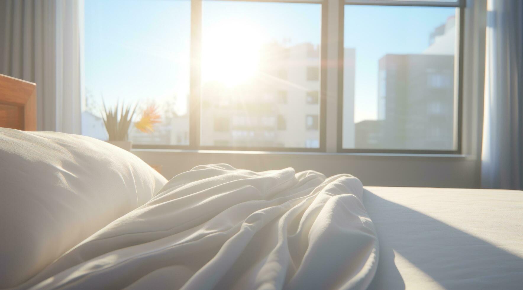 AI generated a white bed in front of a large window photo