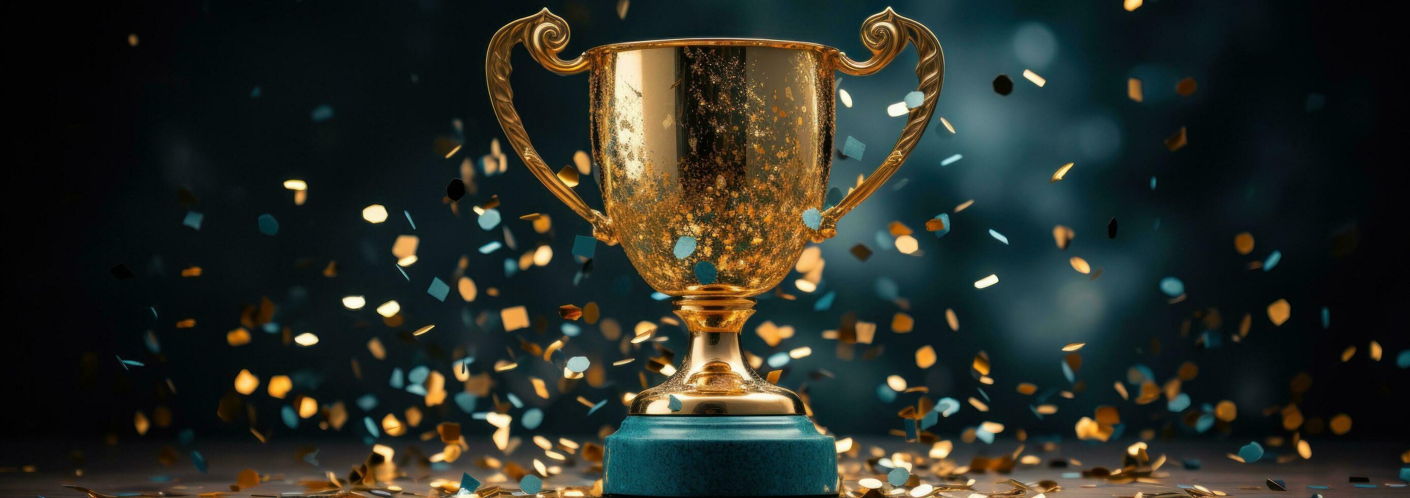AI generated a trophy on a blue background with confetti scattered around photo