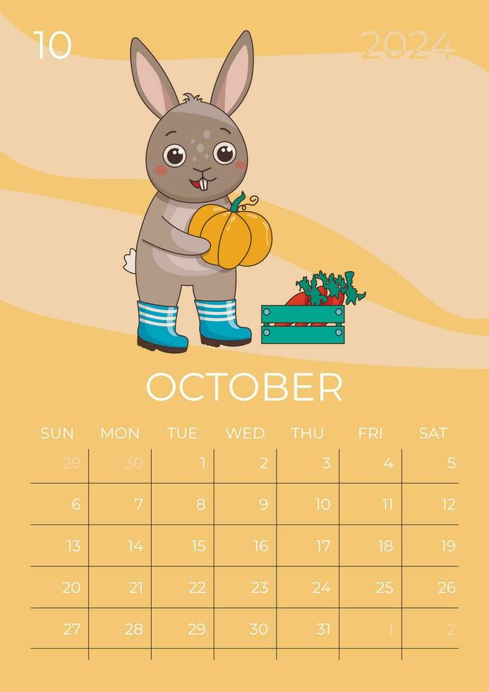 Vertical children calendar 2024. Month of October. Hare in rubber boots holds a large pumpkin in his hands next to a box of carrots. A5 format. Vector graphic.