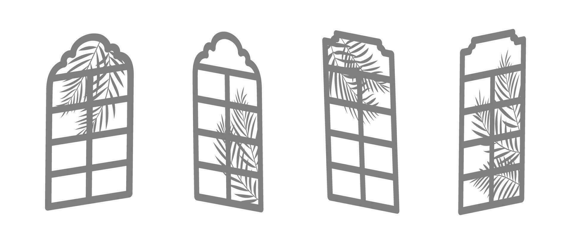 Different silhouette shapes of a window frame with palm leaves. Isolated islamic shape window shadow. Vector illustration.