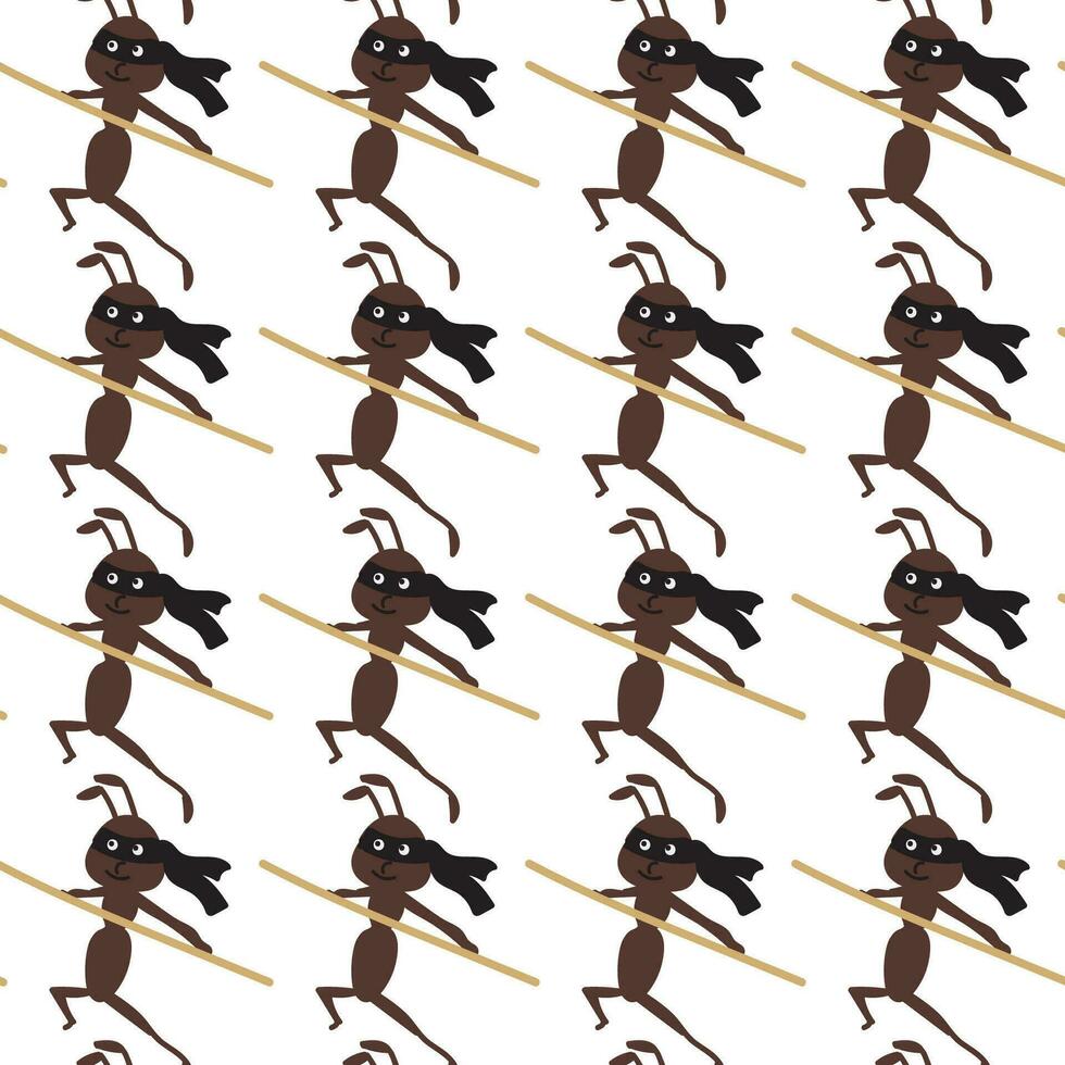 Ninja Ant. Cute character in cartoon style. Seamless pattern. vector