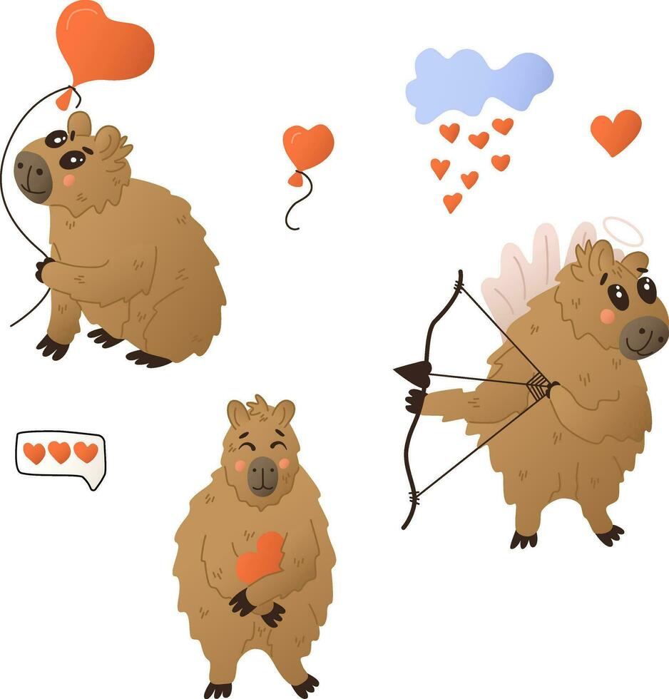 Fun flat hand drawn capybaras with hearts. St Valentines day concept. Cute flat animal characters with emotions and feelings. Isolated set on white background. Childish illustration for sticker vector