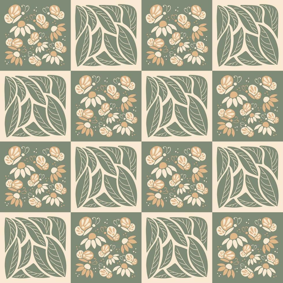 floral Clásico sin costura modelo hecho de cuadrícula. plano resumen mano dibujado flores, hojas y mariposas en contraste cuadrícula. geométrico de moda impresión diseño en Clásico colores para textil, fondo de pantalla, vector