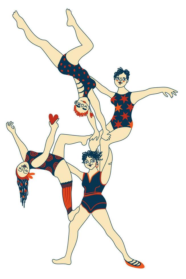 Acrobatic team. Four women making acrobatic pyramid. Vector isolated illustration