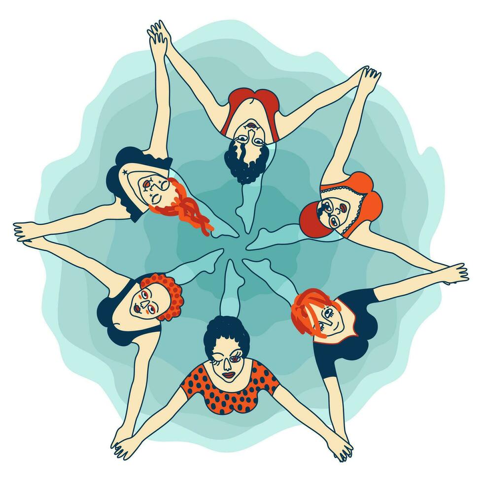 Synchronized swimming. Girls making star figure in water. Vector isolated illustration