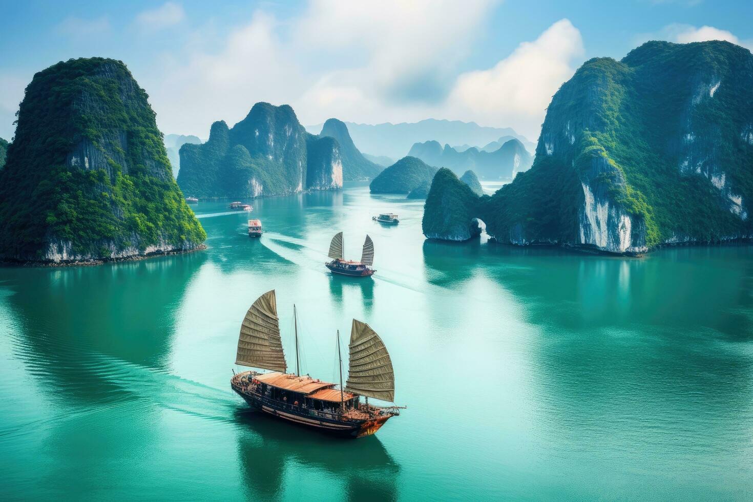 AI generated Halong bay, Vietnam. Famous tourist attraction in Vietnam. Asia travel, Beautiful landscape of Halong Bay viewed from above the Bo Hon Island, AI Generated photo