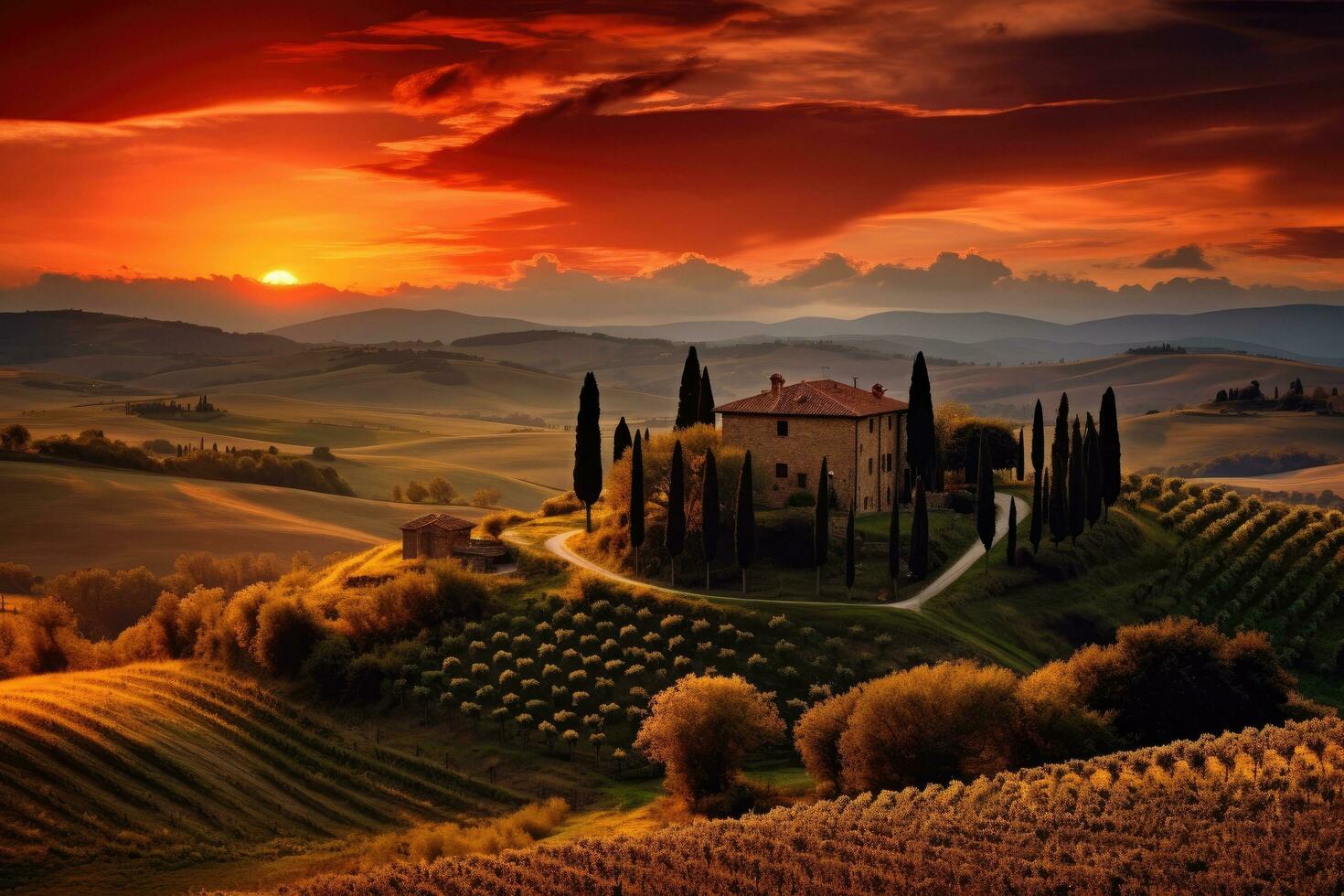 AI generated Beautiful landscape of Tuscany at sunset. Italy, Europe, Beautiful sunset over the rolling hills of Tuscany, Italy, AI Generated photo