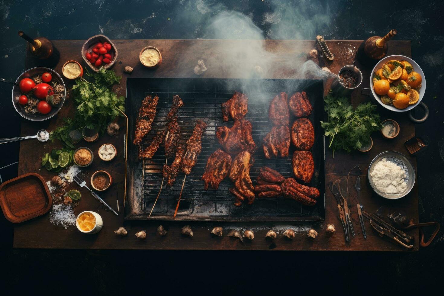 ai generado A la parrilla carne con especias en un de madera mesa. parte superior vista, parilla Cocinando al aire libre ocio fiesta, parte superior vista, ai generado foto