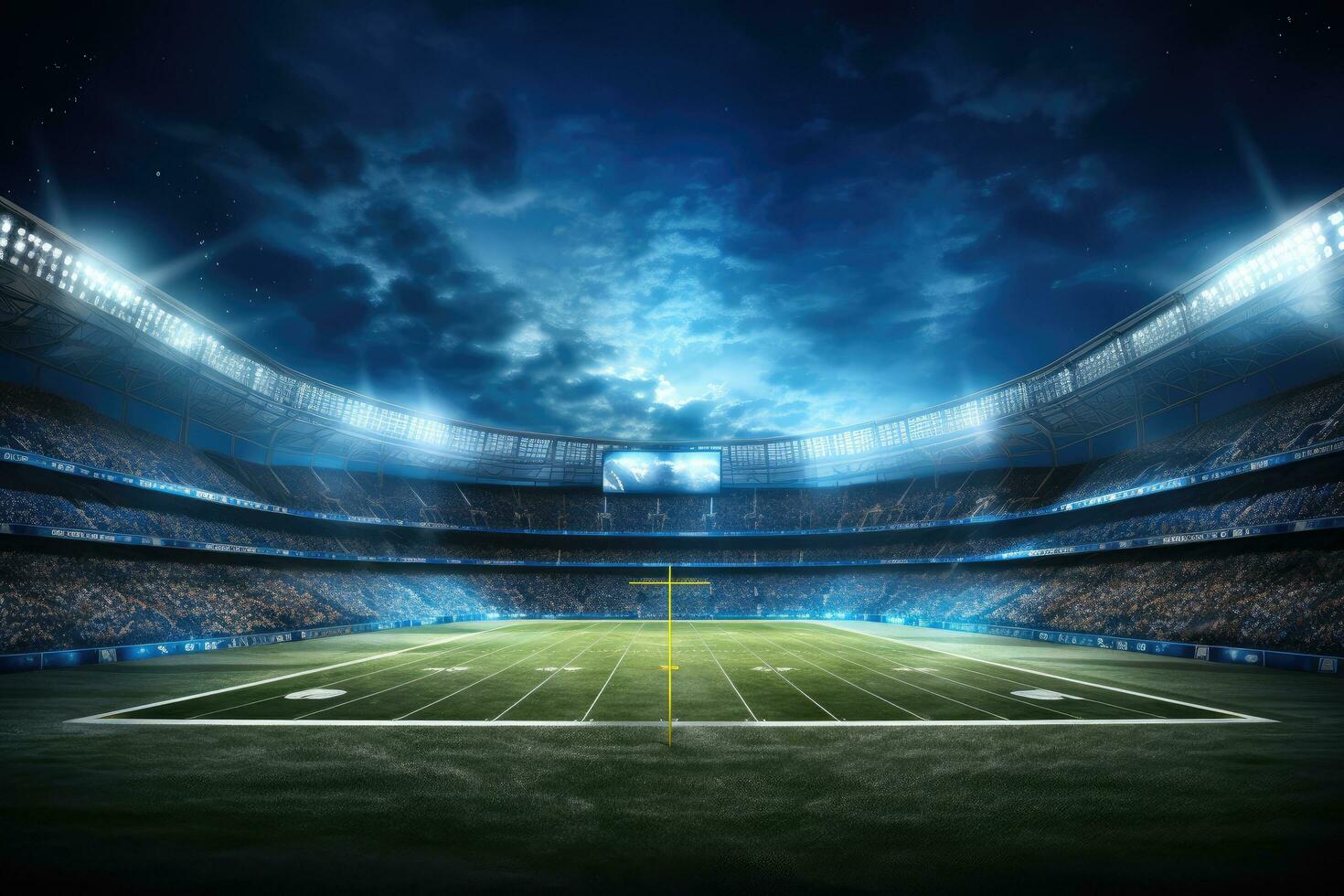 AI generated Football stadium at night with green field and lights. 3D rendering, American football stadium in lights and flashes, AI Generated photo