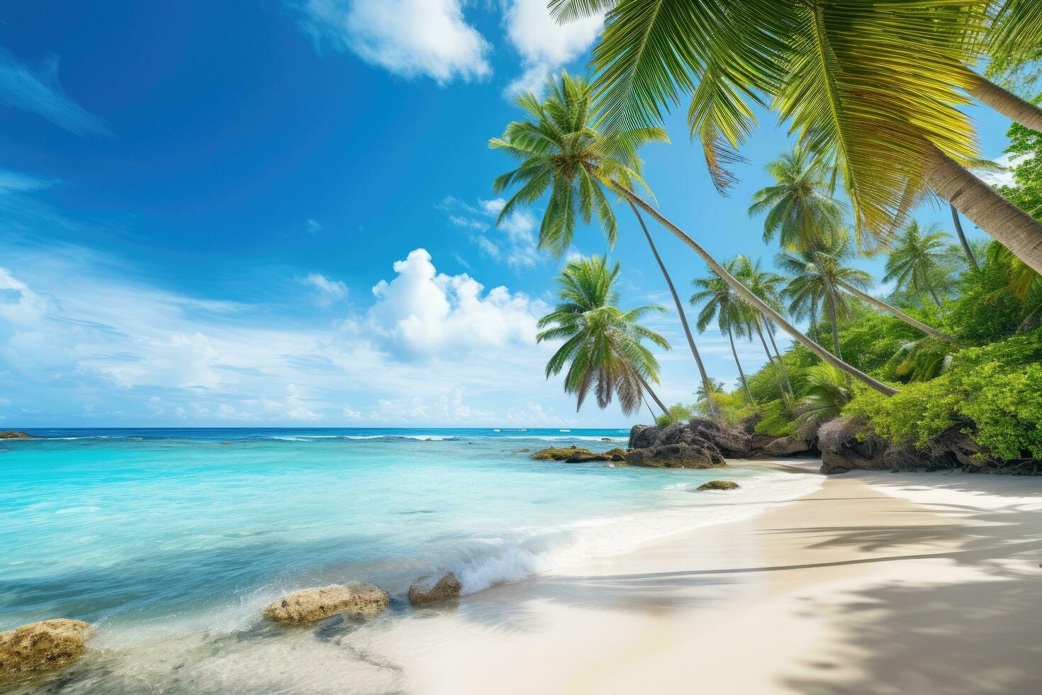 AI generated Tropical beach at Seychelles, Praslin, Beautiful tropical Barbados island, View of the golden beach with palms and crystal clear water, AI Generated photo
