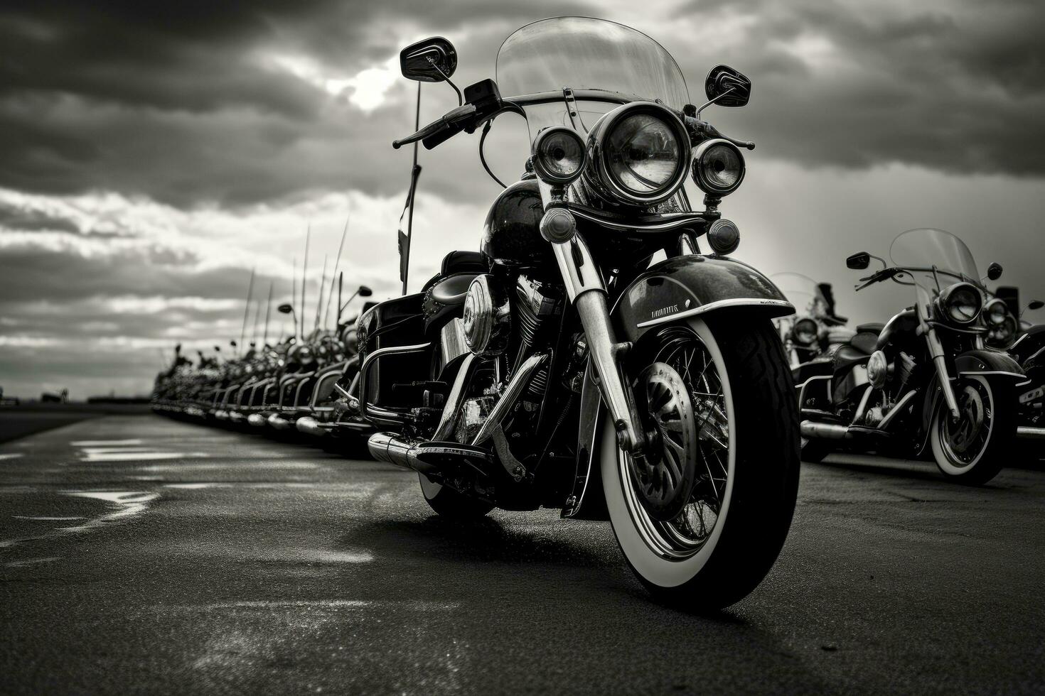 ai generado motocicleta estacionado en el estacionamiento lote. negro y blanco foto, americano motos en el camino, ai generado foto