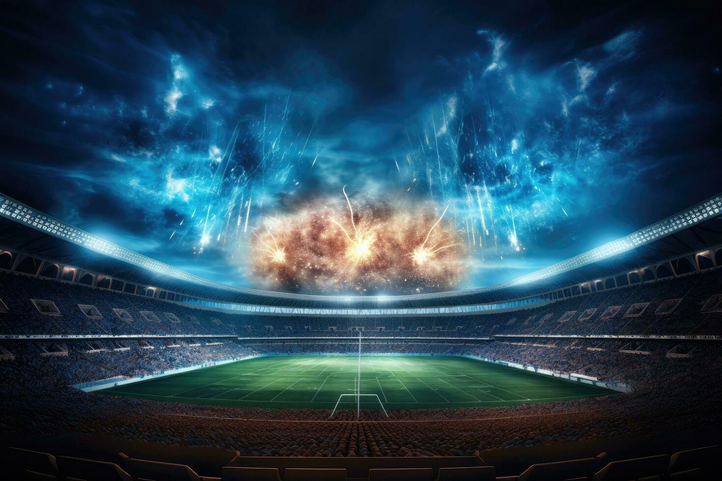 AI generated Stadium lights and flashes 3D rendering elements of this image furnished by NASA, American football stadium in lights and flashes, AI Generated photo